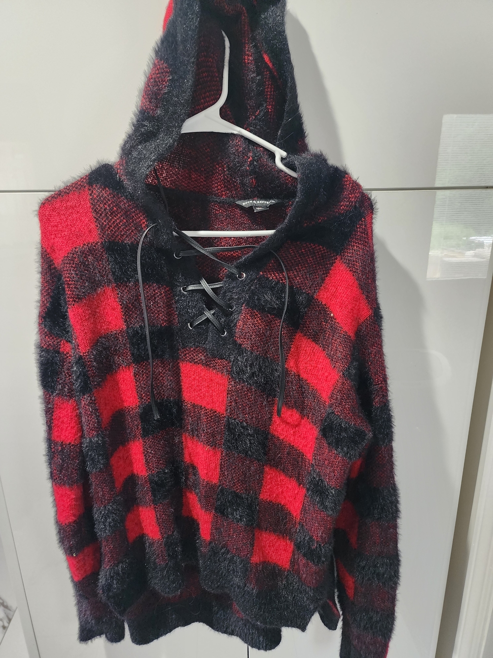 Rock & Republic Red and Black Plaid Fuzzy Hoodie